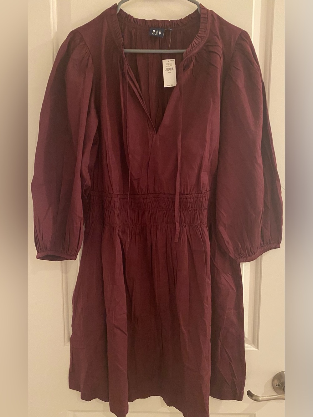 GAP Burgundy Long-Sleeve Smocked Waist V-Neck Dress